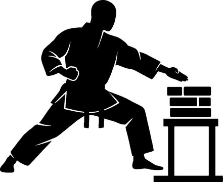 Silhouette of martial artist breaking bricks with hand.