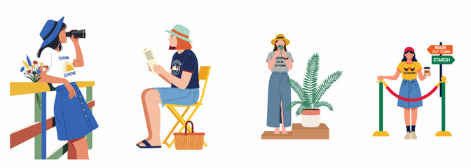 Fototapeta premium Collection of flat vector illustrations showcasing women engaged in various travel and leisure activities like sightseeing, reading, and taking photographs during a vacation.