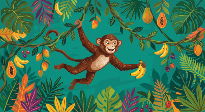 Jungle monkey hanging on vine with bananas and tropical fruits