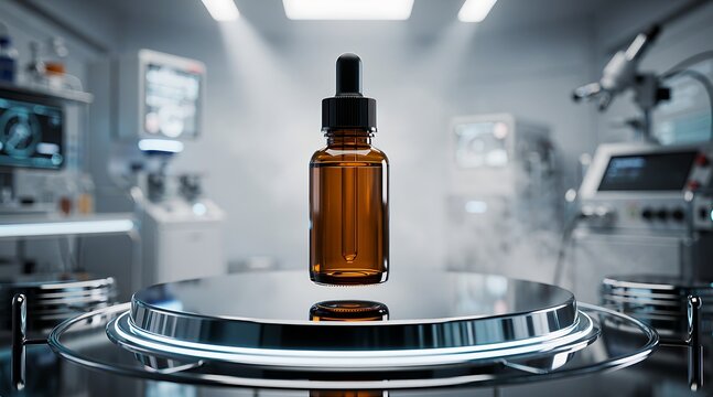 Futuristic Laboratory Setting Showcases Amber Dropper Bottle on Levitating Platform.