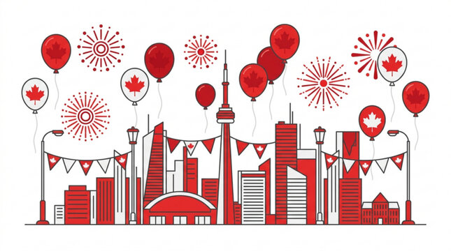 Canada day celebration in toronto cityscape with balloons