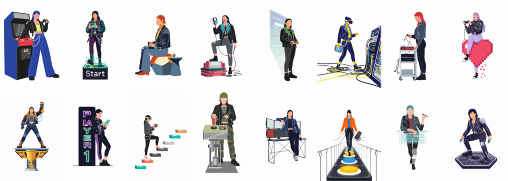 Collection of flat character illustrations featuring women in punk fashion engaged in various retro and futuristic gaming activities, from arcades to virtual reality.