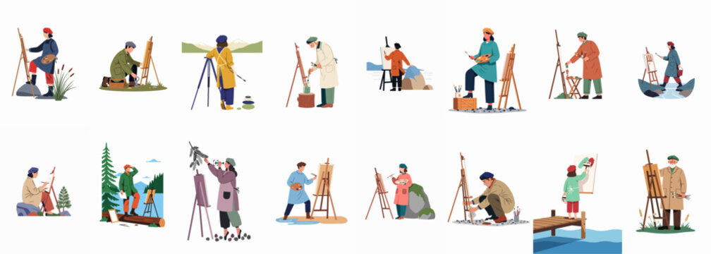 Collection of Diverse Artists Painting En Plein Air Landscapes in Various Nature Settings with Easels and Palettes