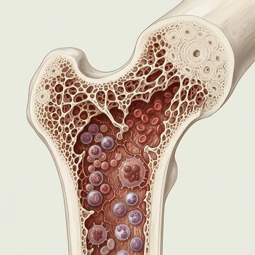 Bone marrow microenvironment showing hematopoiesis and blood cell development within trabecular bone structure