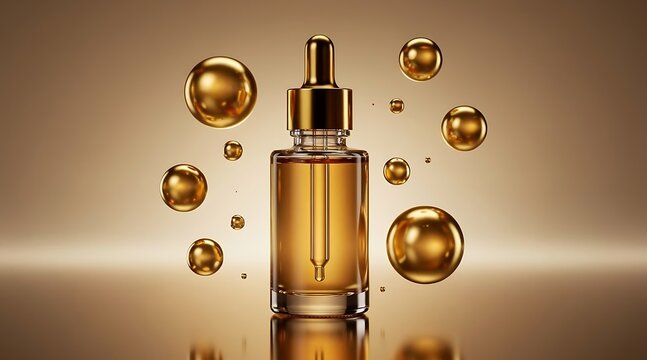 Luxurious Gold Serum Bottle with Floating Spheres.
