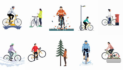 Fototapeta premium Flat Vector Illustrations Set of Diverse People Cycling and Standing with Bicycles in Various Outdoor Environments and Weather Conditions