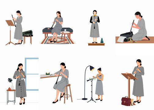 Flat vector illustrations of a female musician in various poses practicing and performing with an oboe woodwind instrument.