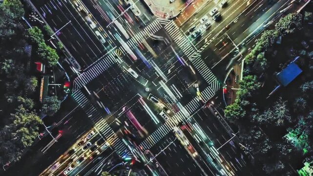 Aerial top down view of busy city intersection with night traffic trails