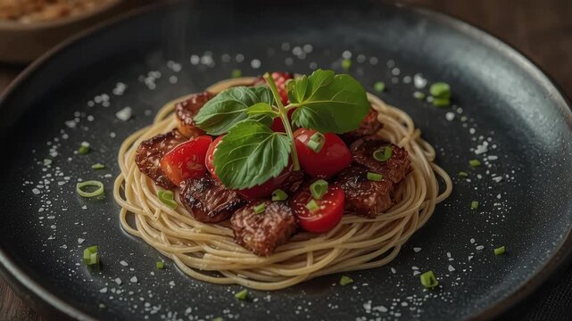 Grilled teriyaki beef spaghetti nest with cherry tomato, microgreens and braised beef cubes garnish