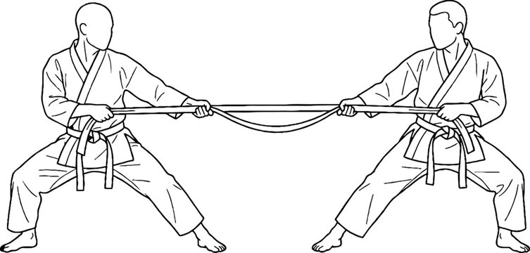 Two martial artists practicing tug of war in traditional uniforms.
