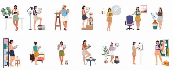Fototapeta premium Collection of Modern Flat Vector Illustrations Featuring Women Working, Studying, and Using Tablets in Various Stylized Home and Office Settings.