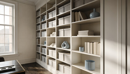 Obraz premium Modern Minimalist Built-in Wall Shelving Unit with Books and Storage Boxes in a Bright Room