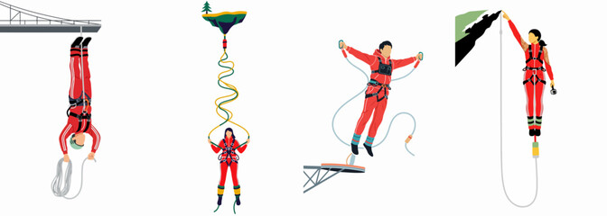 Set of illustrations showing people in red jumpsuits performing extreme rope and bungee jumps from various heights on a white background. © Heather