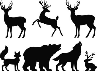 Fototapeta premium Vector collection of forest animal silhouettes including standing and jumping deer grizzly bear howling wolf fox and horned rabbit