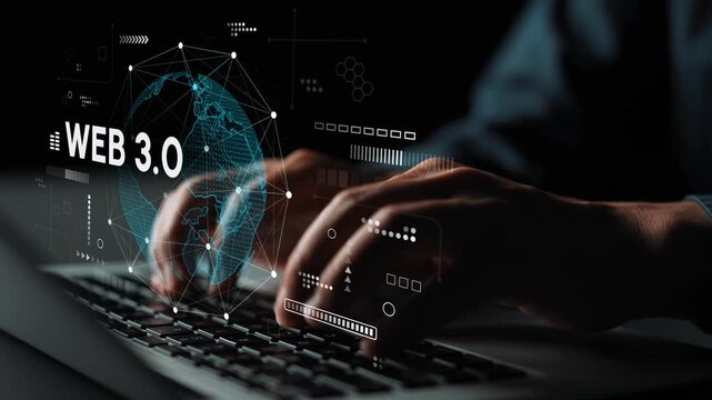 Hands Typing on Laptop with Digital Web 3.0 Concept and World Map in Dark Setting with Futuristic Technology Elements. Entropy.