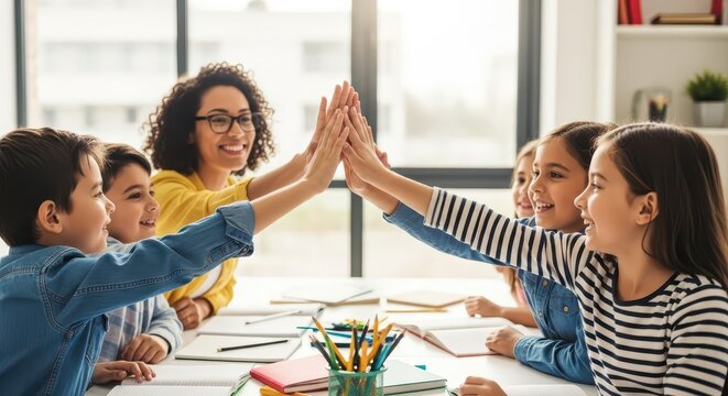 Diverse Group of Elementary School Students and Teacher Giving High Five in Bright Classroom Setting