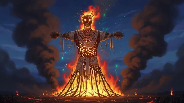 Effigy burning during Dussehra festival. Symbolic bonfire of demon king Ravana made of wood. Traditional cultural ritual of victory of good over evil at night.
