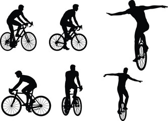 Vector silhouettes of male athletes riding road bicycles and performers balancing on unicycles, professional cycling and circus skills set. © SreeRupali