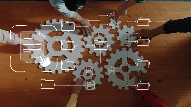 Engage in effective teamwork with gears and digital files symbolizing collaboration in a vibrant office setting, showcasing the power of innovative business solutions. Raster