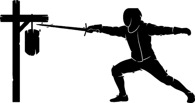 Silhouette of fencer in action pose with sword.