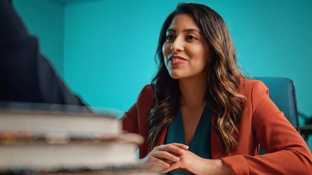 Businesswoman interviewing client in bright modern office