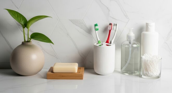 Bathroom vanity counter with a plant, soap, toothbrushes, lotion, and cotton swabs against a marble wall