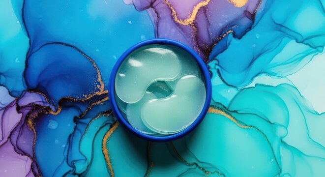Blue jar with hydrogel eye patches on a vibrant abstract alcohol ink background with blue, purple, and gold accents