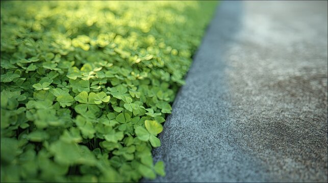 Winding gravel country path, white flower clover four-leaf plant on roadside, rural original natural trail tranquil scenery