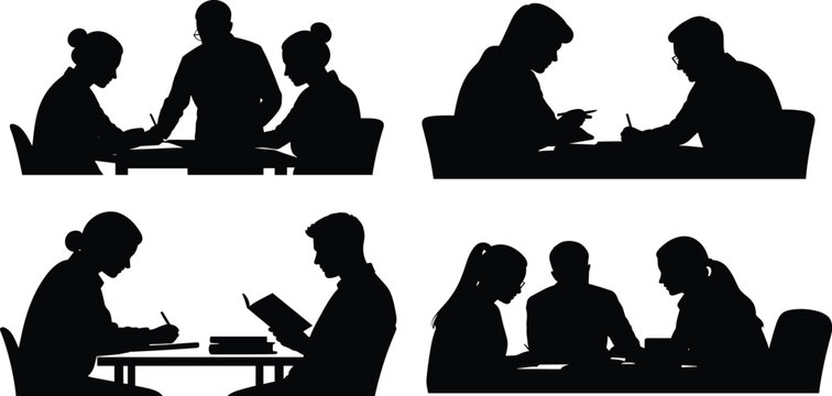 Black silhouettes of people sitting at desks reading writing and discussing for study and business meetings