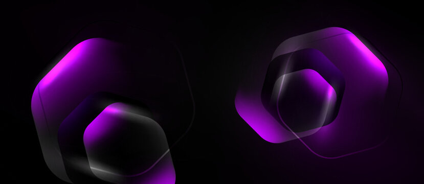 Abstract hexagons glow, layered upon dark background. Purple hues dominate, creating futuristic feel. Shapes suggest depth, dimension.