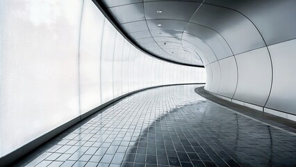 Obraz premium Modern tunnel interior featuring curving a blank continuous, glowing white LED light screen wall on the left and metal silver wall on the right on the polished tile floor