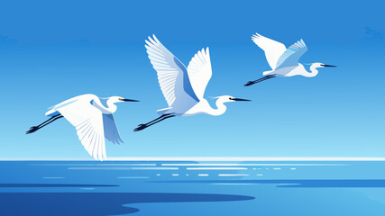 Obraz premium Minimalist illustration of three white egrets flying in formation over a calm blue sea under a clear sky.