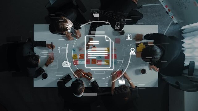 A diverse business team engages in strategic collaboration around a modern workspace table, leveraging digital tools and analytics for effective project management. Raster