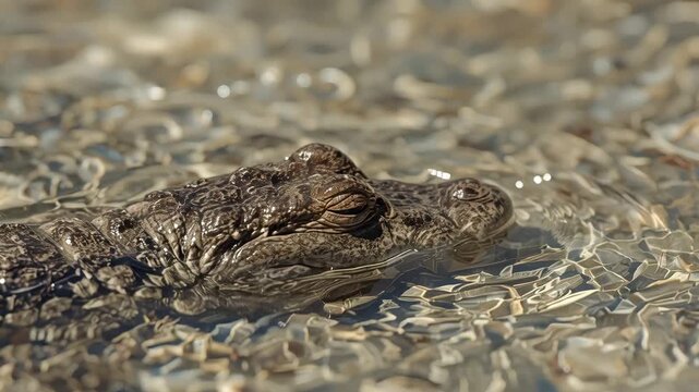 Juvenile crocodile head and eye emerging, reptile skin floating in calm shallow rippled water