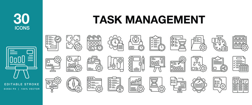 Task Management icon set. Includes task, management, productivity, planning, scheduling and More. Editable Stroke Icon Collection.