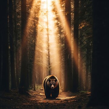 Majestic grizzly bear walking through a sunlit forest path at dawn