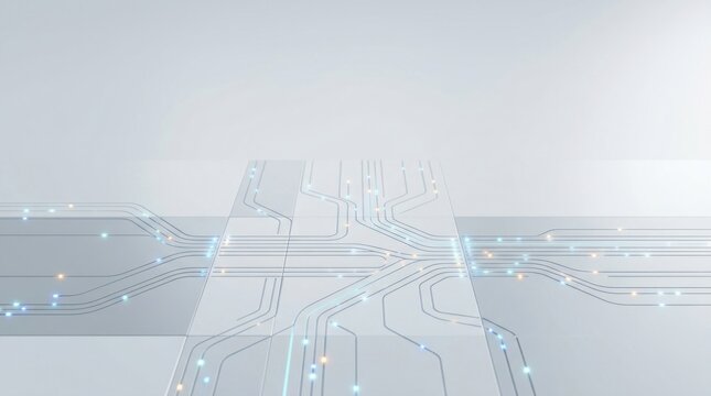 Clean white workflow handoff background with connected transfer lanes and glowing data packets for business automation header copy space