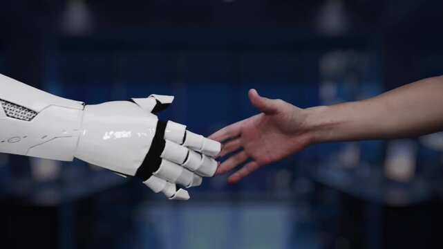 A sleek robotic hand interacts with a glowing ERP icon in a modern office, illustrating the intersection of technology and business innovation for improved processes. Synapse