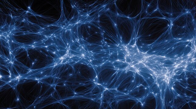 Blue glowing neural network threads on black backdrop, interconnected neuron light dots artificial intelligence abstract tech background