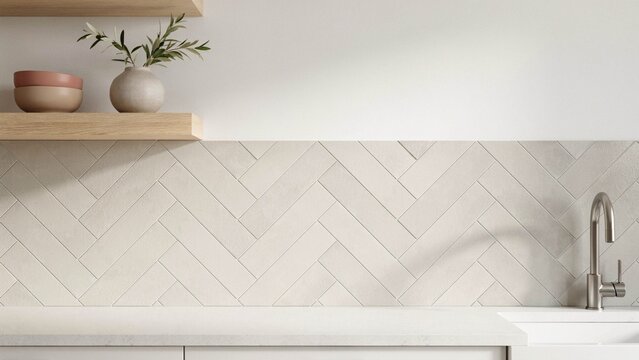 Herringbone tile patterns define a kitchen backsplash featuring a faucet and shelf with decorative pottery under soft lighting.