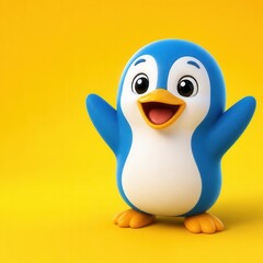 Obraz premium Cute cartoon penguin character with open arms on a vibrant yellow background.