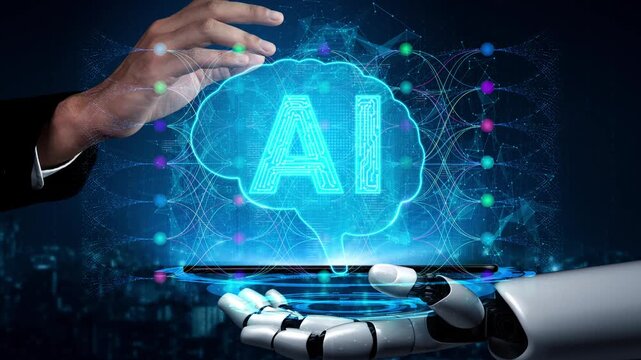 Human hand reaching toward digital representation of artificial intelligence concept with robotic hand holding a glowing brain and network connections Sigmoid