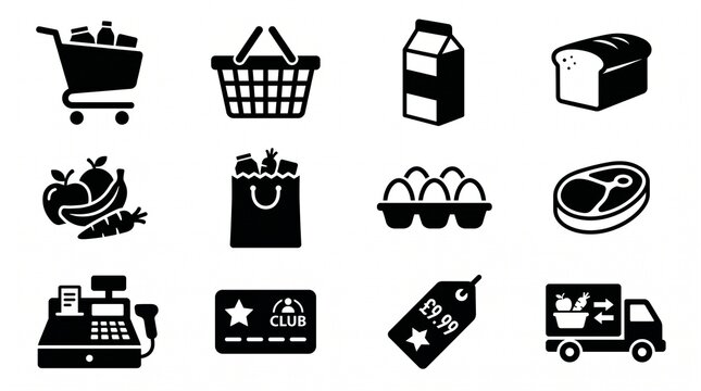 Set of grocery shopping and supermarket related icons in black with shopping