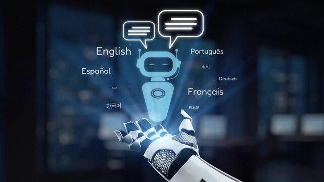 A futuristic robot hand presents speech bubbles in multiple languages, symbolizing advanced communication technology and multilingual interaction in a digital world. Synapse