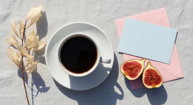 Top view of coffee cup with figs and blank card on linen background