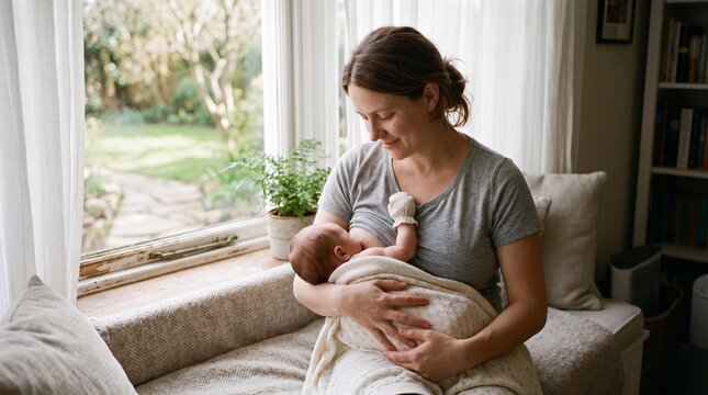 Loving mother breastfeeding her newborn baby on a cozy window bench at home