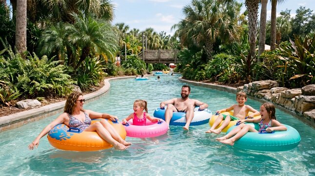 Happy family floating on inflatable tubes in a tropical lazy river water park