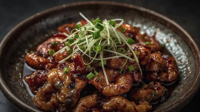 Glazed shrimp with soy sauce caramel glaze, seafood stir fry topped with sprouts and chive garnish