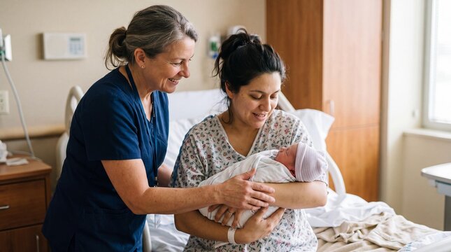 Friendly midwife guiding a happy mother holding her newborn baby in hospital
