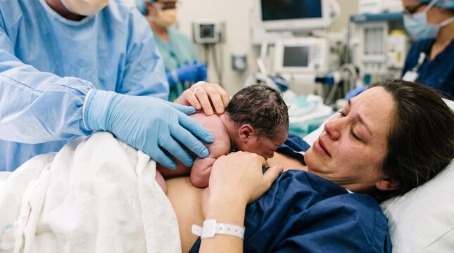 Emotional mother holding newborn baby skin-to-skin after cesarean birth